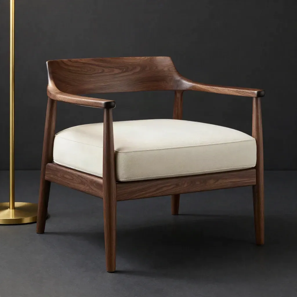 Walnoot fauteuil met creamkleurig zitvlak en brass lamp in donker studiolicht.