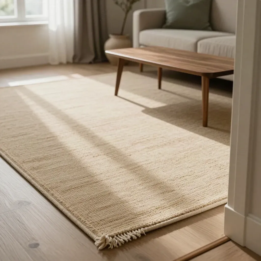 Sandkleurig vloerkleed in een warme woonkamer, met bank, tafel en zacht ochtendlicht.