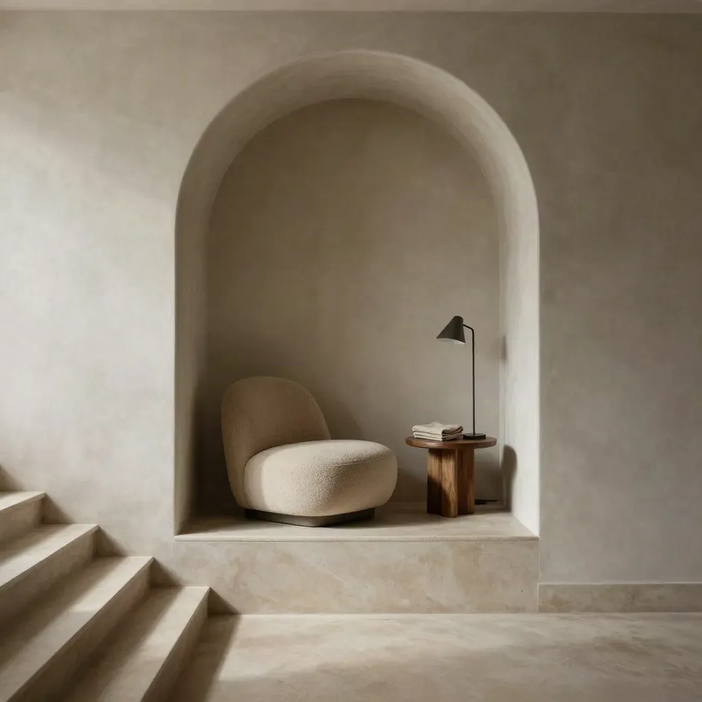 Minimalistische nis met fauteuil, gebogen opening, zachte schaduw en rustige ruimte